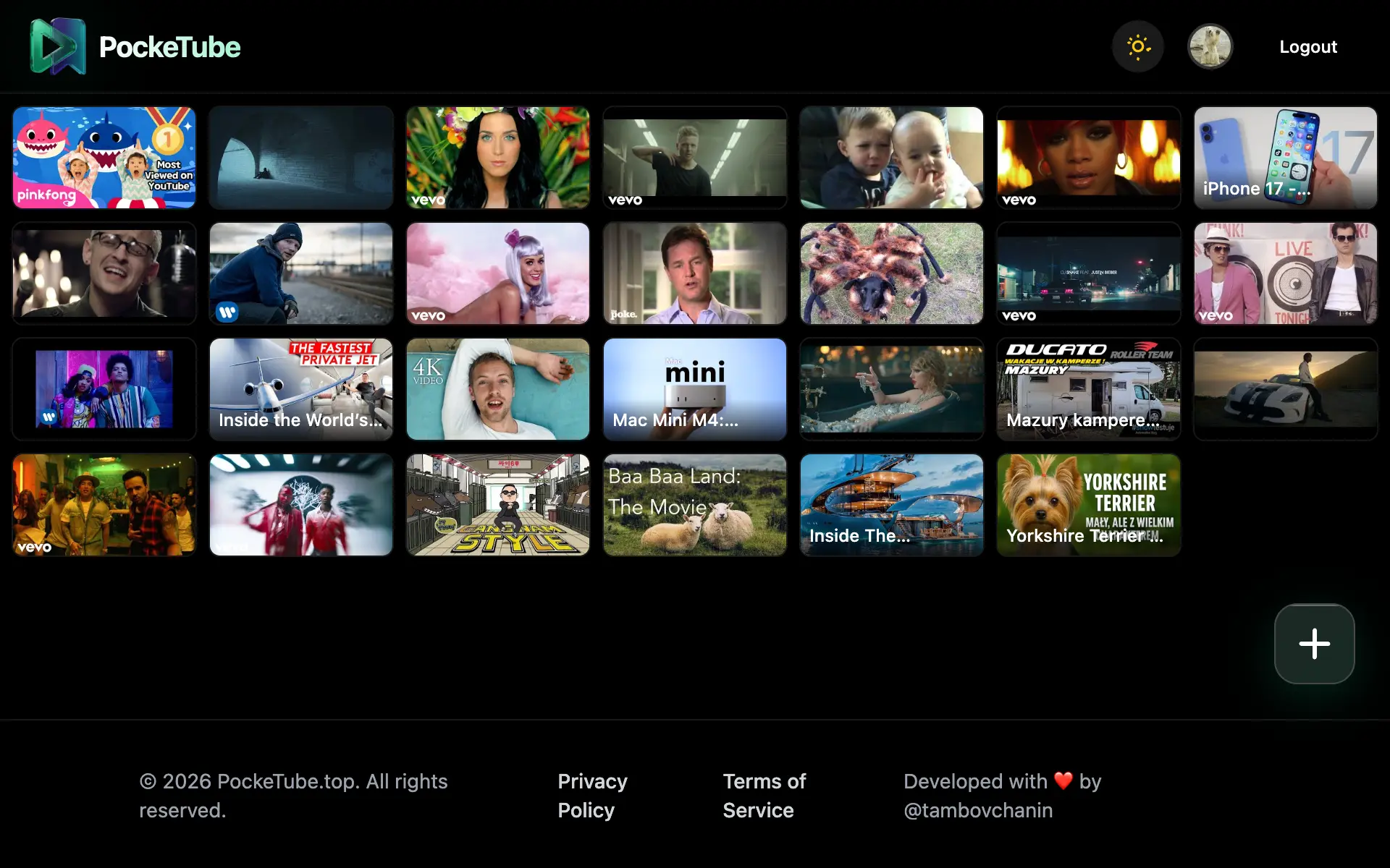 PockeTube Video Collection Interface (Dark Theme)