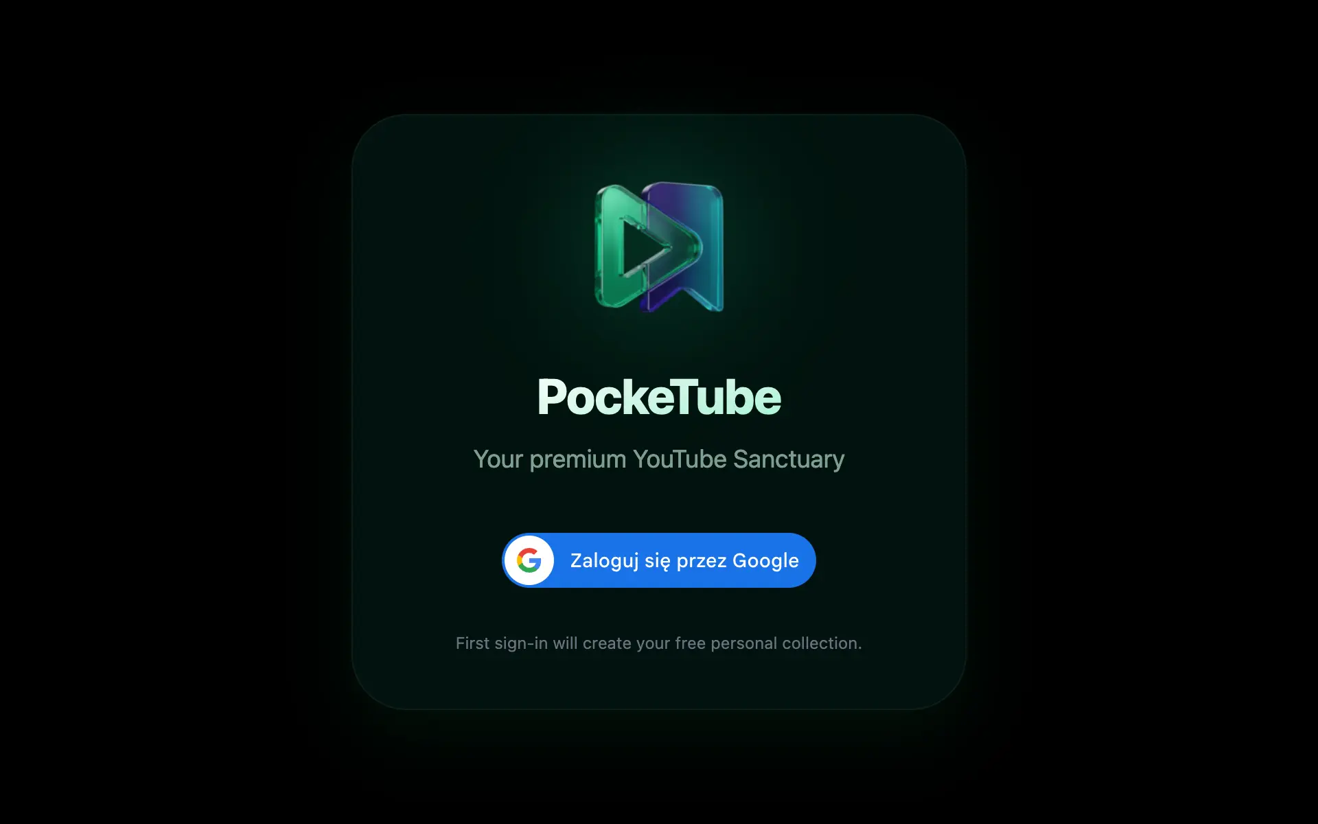 PockeTube Login Screen (Dark Theme)